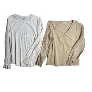 Chico's Lot 2 Tops Blouses Size 1 Medium Tan Cream Lace Long Sleeve